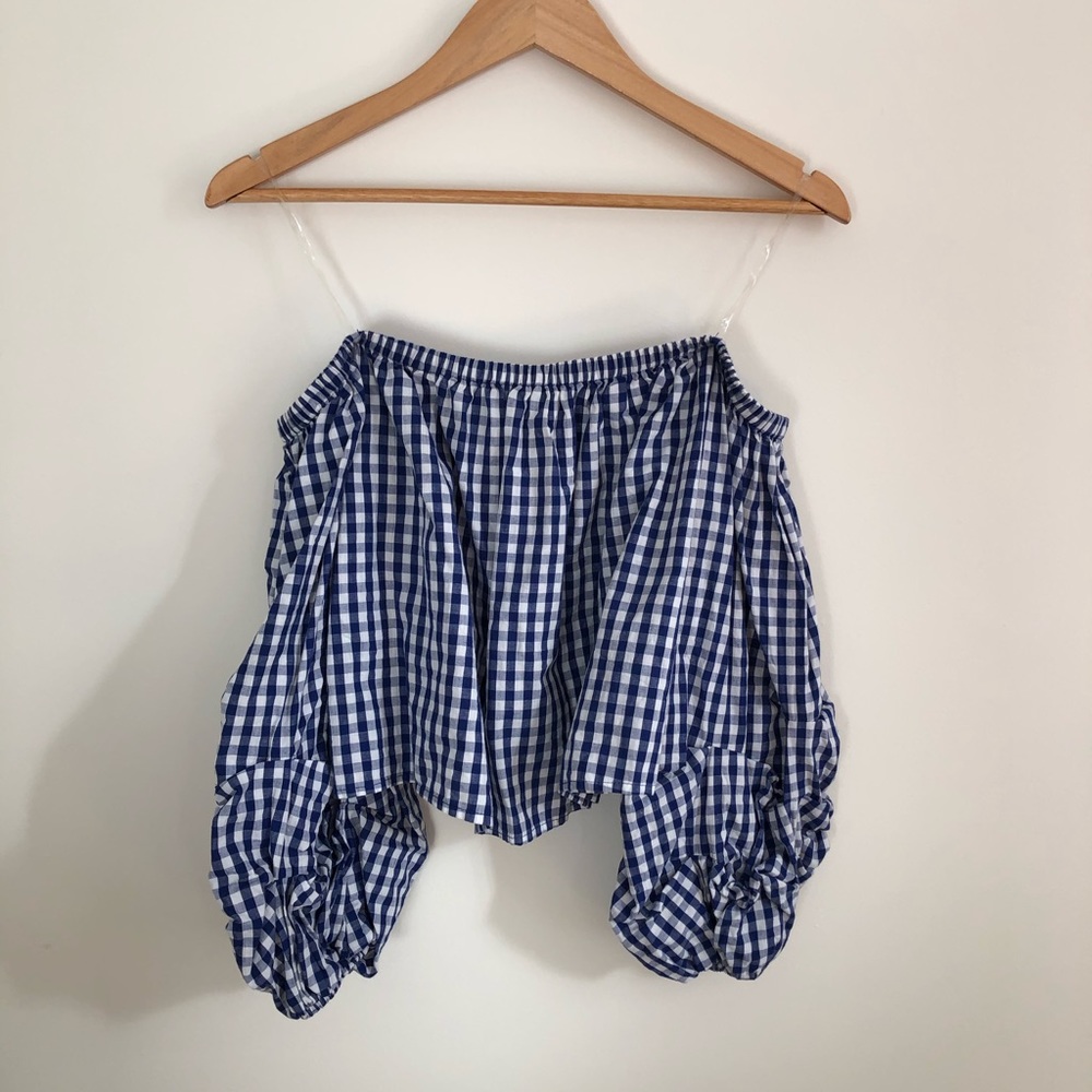 Gingham Puff Sleeve Strapless Top